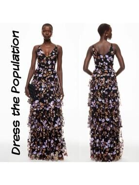 $698 Dress The Population Black Sequin Lorain Gown w/ Floral Metal Details - LRG